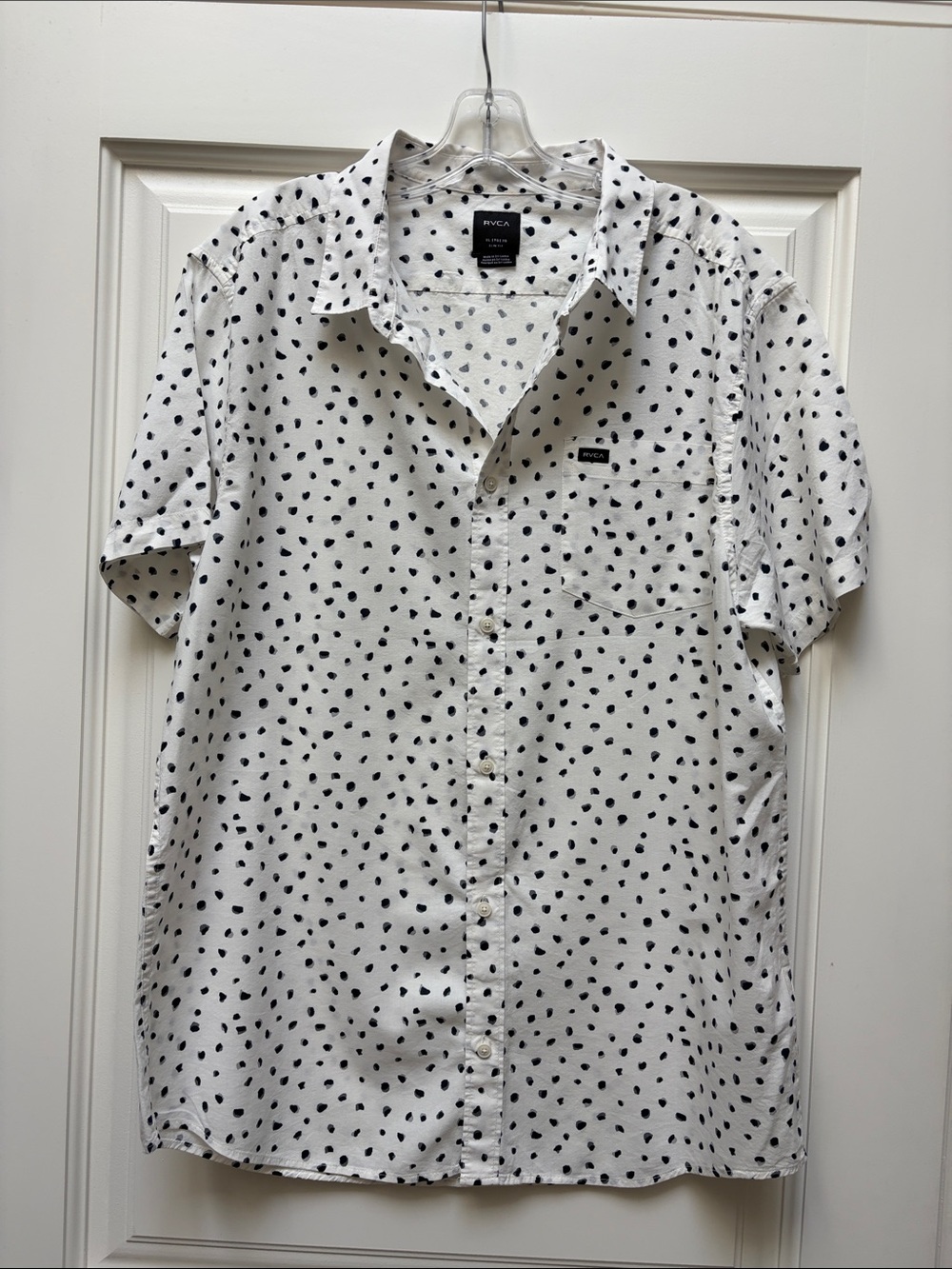 RVCA Men’s White Short-Sleeve Button-Down Shirt with Black Spot Print